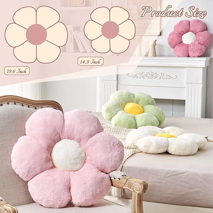 White Flower Plush Throw Pillow, Cute Decorative Flower Shaped with Faux Rabbit Fur, 19.6" Soft Plush Floor Pillow for Bedroom Living Room