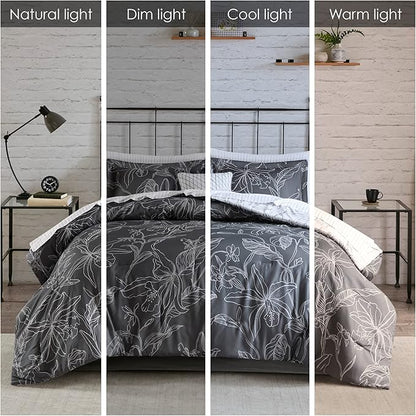 Madison Park Essentials Cozy Bed In A Bag Comforter with Complete Cotton Sheet Set - Trendy Floral Design All Season Cover, Decorative Pillow, Full(78"x86"), White/Charcoal 9 Piece