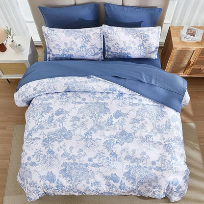 DJY Blue Comforter Set King, 7 Pieces Bed in a Bag King Size Botanical Comforters with Sheets Elegant Plants Print Soft Microfiber Reversible Complete Bedding Sets for All Season
