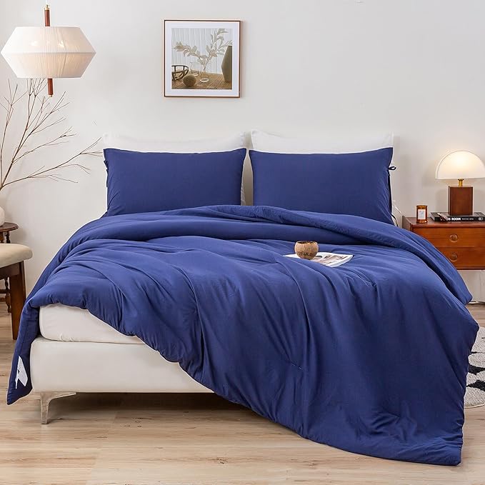 Softness Comforter Set for Boys Girl Teen Children Dorm, Comfy Cozy Polycotton Fabric, 1 Down Alternative Blanket Comforter & 1 Pillowcase, Lightweight All Season Use, Navy Blue Twin/Twin XL