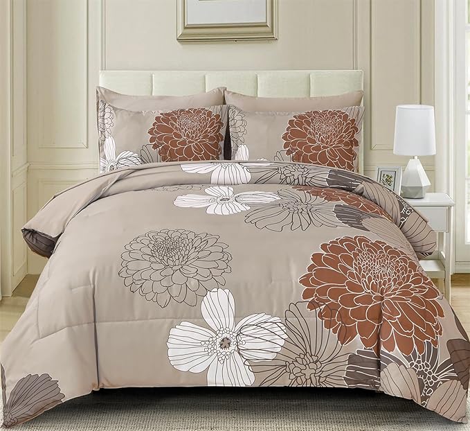 Yiran Taupe Brown Comforter Set Queen Size,7 Pieces Bed in a Bag Floral Comforter,Soft Microfiber Bedding Sets for All Seasons,90"×90"