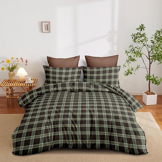 Nayoroom Plaid Comforter Set Queen Size Vintage Green Brown Gingham Checkered Tartan Comforter 3 Pieces Soft Lightweight Farmhouse Dorm Bedding Set for All Seasons