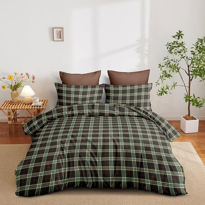 Nayoroom Plaid Comforter Set Queen Size Vintage Green Brown Gingham Checkered Tartan Comforter 3 Pieces Soft Lightweight Farmhouse Dorm Bedding Set for All Seasons