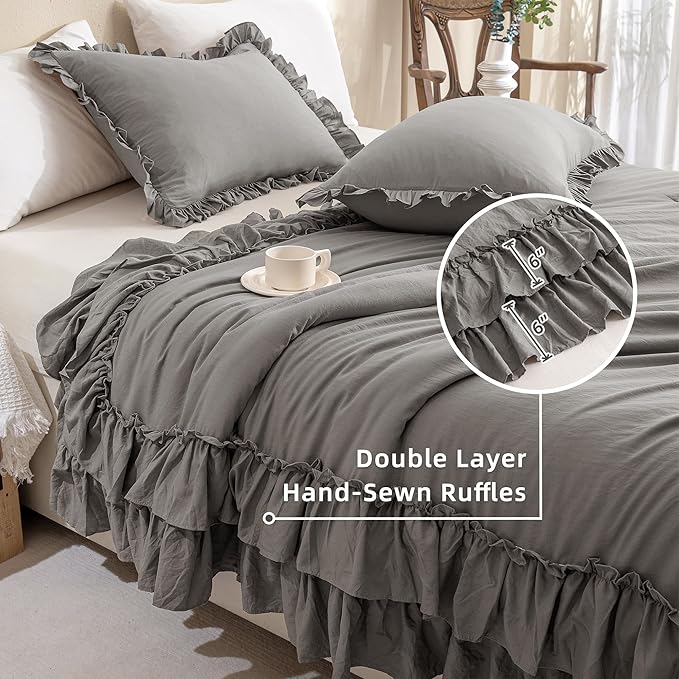 QSH Gray Ruffled Comforter Set King Size（106x92inches）, 3pcs Shabby Farmhouse Boho Chic Bedding Comforter Sets, Ultra Soft Lightweight Microfiber Inner Fill Grey Fluffy Vintage Comforter for Bed