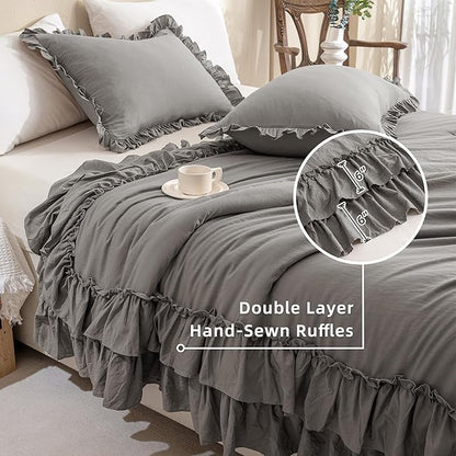 QSH Gray Ruffled Comforter Set King Size（106x92inches）, 3pcs Shabby Farmhouse Boho Chic Bedding Comforter Sets, Ultra Soft Lightweight Microfiber Inner Fill Grey Fluffy Vintage Comforter for Bed