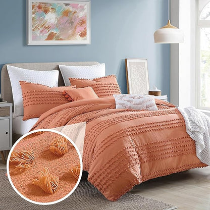 Swift Home Marilla 100% Cotton Prewashed Yarn-Dyed Dobby Clip Dot 5-Piece Bedding Comforter Set, All Season & Breathable, Oeko-TEX Certified – Brick, Full/Queen