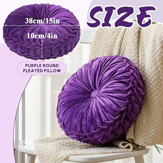 1 Pcs Round Throw Pillows Decorative Velvet Pleated Throw Pillows 15'' Diameter Accent Pumpkin Boho Chair Cushion for Couch Sofa Chair Bed Home Decoration (Purple)