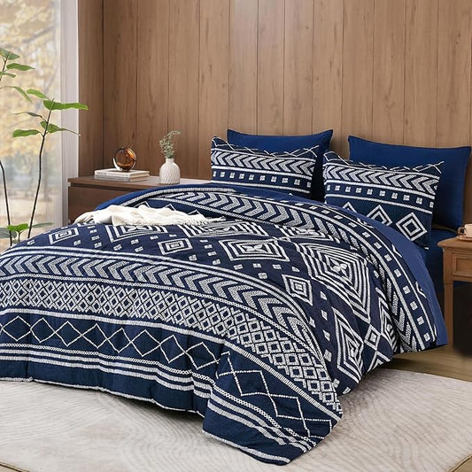 Yiran Navy Blue Comforter Set Queen Size, 7 Piece Boho Striped Bedding Set, Geometric Bed in a Bag Queen, Soft Microfiber Bohemian Complete Bedding Set with Sheets for All Season