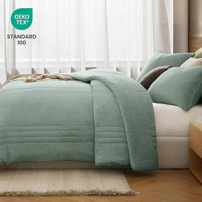 Monbix Fluffy King Size Comforter Set Sage Green, Sherpa Plush Fuzzy Comforter 3 Piece for King Size Bed, Luxury Soft Winter Warm Bedding Set