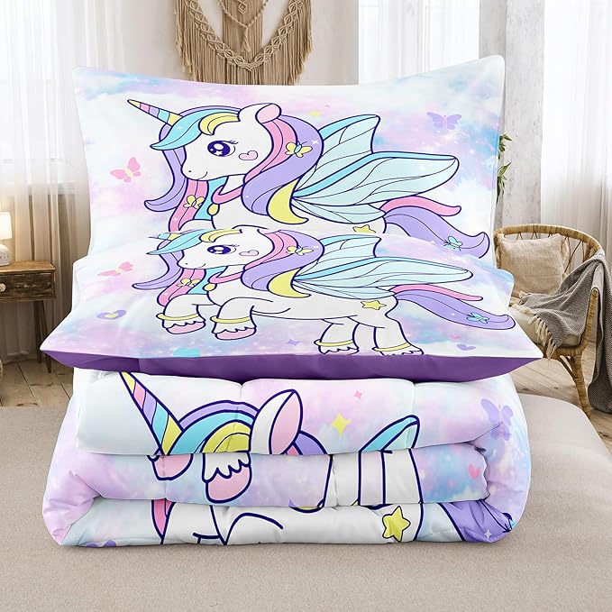 Tailor Shop Unicorn Girls Comforter Sets Full Size,Unicorn Purple Bedding Sets for Girls Kids Teens with 2 Pillowcase……