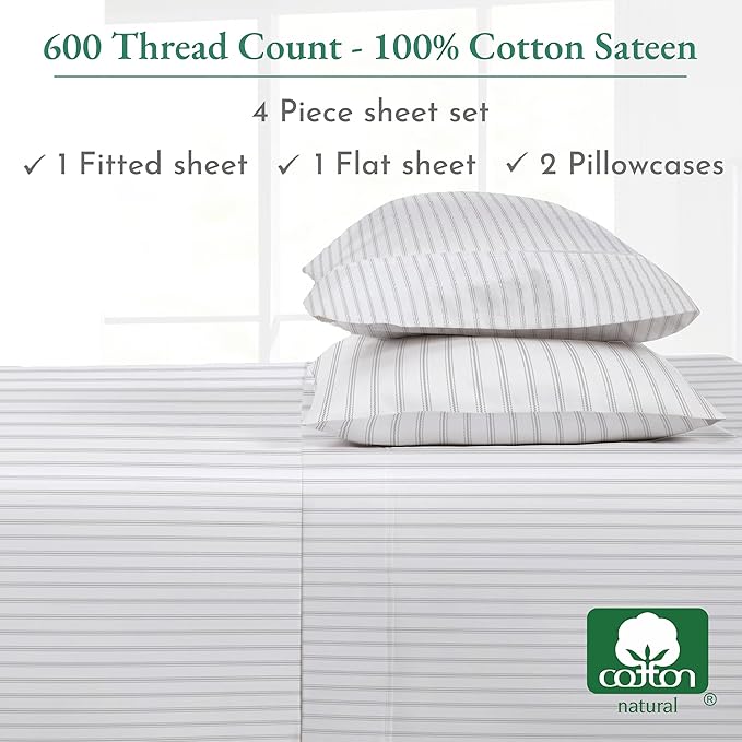 California Design Den King Size Sheet Set - 100% Cotton, 600 Thread Count, Deep Pocket King Sheets, Premium-Feel Bedding with Sateen Weave - Ticking Stripe Pattern