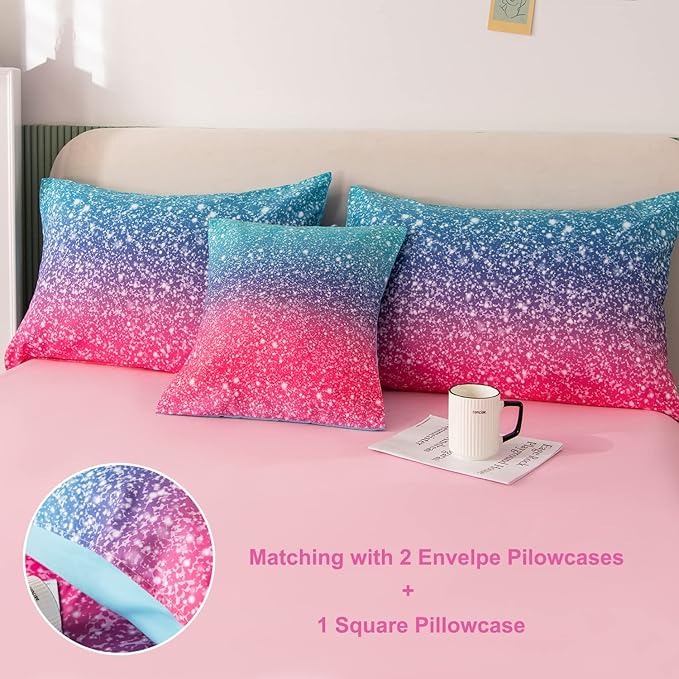 PERFEMET Queen Size Girls Bedding Set 6 Piece Blue Pink Comforter Set Kids Bed in A Bag Colorful Rainbow Glitter Bed Set for Bedroom Decoration Fluffy Tie Dye Teen Girl Bed Comforter Set