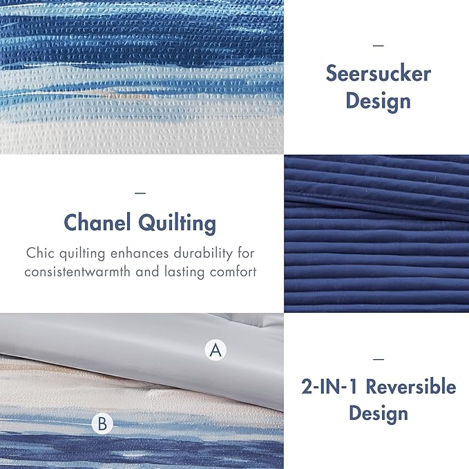 Madison Park Marina Comforter Quilt Combo Set - Modern Luxury Design, All Season Down Alternative Bedding, Matching Shams, Decorative Pillows, King/Cal King(104"x92") Seersucker Blue 8 Piece