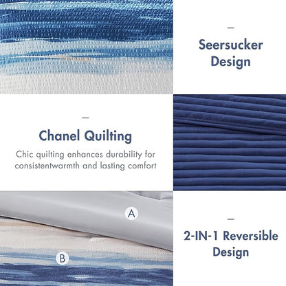 Madison Park Marina Comforter Quilt Combo Set - Modern Luxury Design, All Season Down Alternative Bedding, Matching Shams, Decorative Pillows, Full/Queen(90"x90"), Seersucker Blue 8 Piece