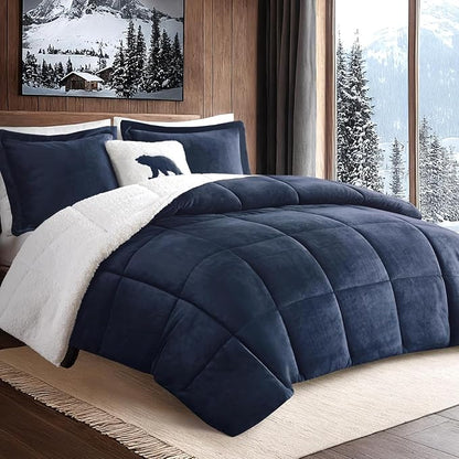 Woolrich Reversible Comforter Set Ultra Soft Plush to Sherpa, Down Alternative, Cold Weather Winter Warm Bedding, with Matching Sham, Decorative Pillow Navy/Ivory King 4 Piece