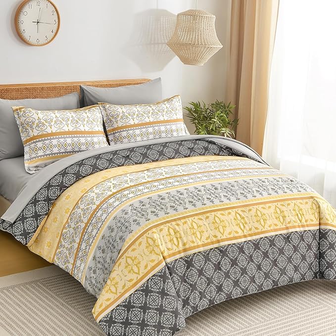 WONGS BEDDING Boho Comforter Set Queen Size,7 Pieces Bed in a Bag Bohemian Striped Bedding Set,Yellow Paisley Floral Comfortet and Sheet Set,Soft Microfiber Bedding Sets for All Season