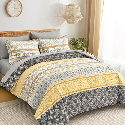 WONGS BEDDING Boho Comforter Set Queen Size,7 Pieces Bed in a Bag Bohemian Striped Bedding Set,Yellow Paisley Floral Comfortet and Sheet Set,Soft Microfiber Bedding Sets for All Season
