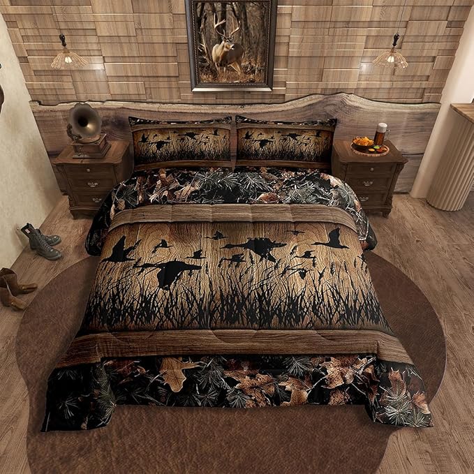 Erosebridal Camo Mallard Duck Comforter Set for Kids Boys Men Rustic Farmhouse Cabin Bedding Comforter Sets Full,Hunting Woodland Duck Bedding Set Country Wood Board Animal Silhouette Bed Set
