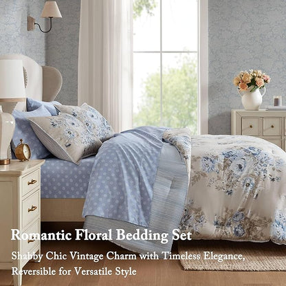 Madison Park Essentials Floral Comforter Set Twin XL Size, Vintage Flower Bedding Set with Sheet Set, 5 Pieces Bed in a Bag, Reversible Botanical Comforter, Pillowcases & Shams, Heather, Beige/Blue