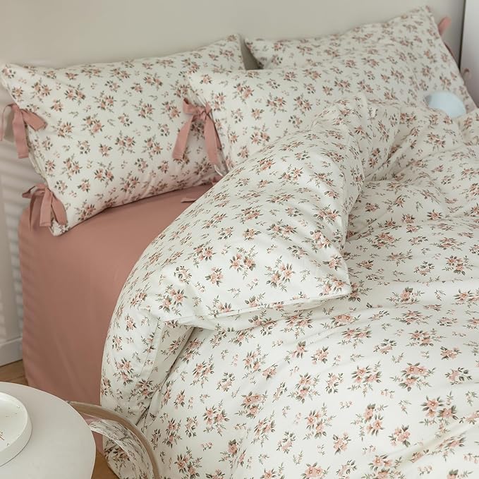 mixinni 3pcs Boho Floral Comforter Set Queen Size, Garden Style Pink White Flower Leaves Bedding Comforter Sets for Women, 1 Soft Botanical Comforter and 2 Bow tie Pillowcases for All Seasons