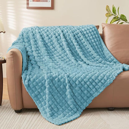 BEDELITE Washed Blue Throw Blanket for Couch and Bed- Super Soft and Warm 3D Checkered Fluffy Fuzzy Fleece Blanket, Luxurious Plush Cozy Blanket for Room Decor Spring, 50x60 inches