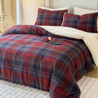 Cyusri Plaid Sherpa Comforter Set 3Pcs Fluffy Warm Fleece Down Alternative, Red Blue Grid Pattern Bedding Set with 2 Pillowcases, King Size 104"x90"