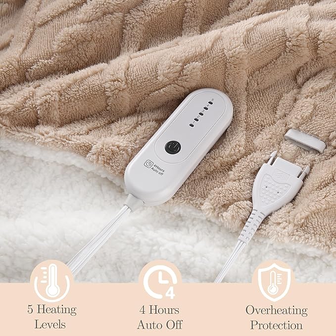 Electric Heated Blanket 50x60 Inches Heated Throw with 5 Fast Heating Levels & 4 Hours Auto Off, Fuzzy Soft Cozy Sherpa Blanket for Couch Sofa, ETL&FCC Certification, Beige
