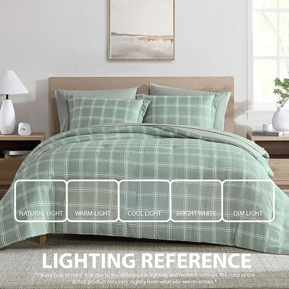 Cathay Home Basic Bedding Home Essential Ultra Soft Lightweight 7PC Wrinkle Resistant Microfiber Bed in a Bag Set (Includes Complete Sheet Set & Comforter Set) - Green Plaid, Full