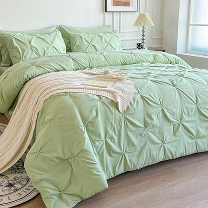 Maple&Stone California King Comforter Set, 7 Pieces Cal King Bed Set, Pinch Pleat Bed in a Bag Bedding Set with Comforter, Sheets, Pillowcases & Shams - Light Green