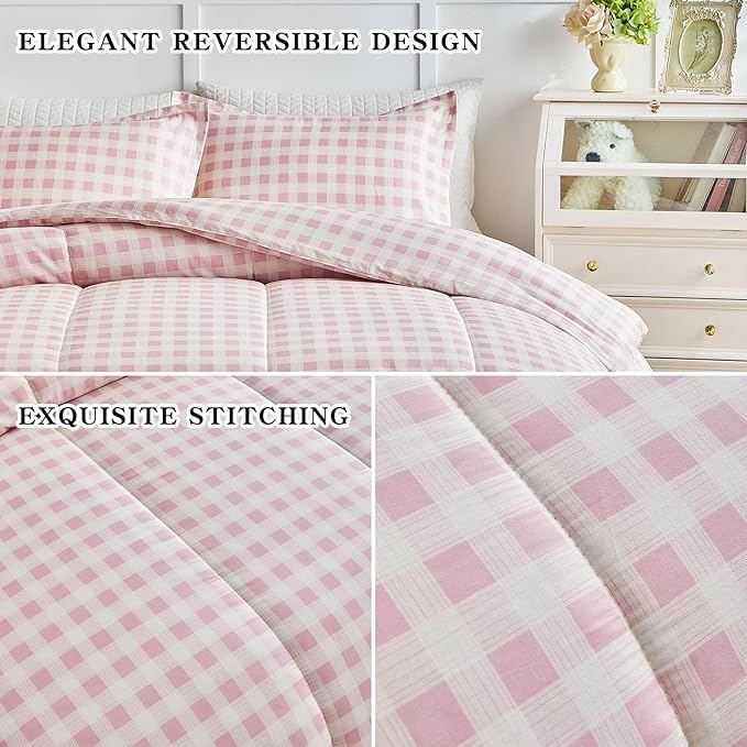 Joyreap 3pcs Cotton Comforter Set King, Pink Grid Gingham Check Design for Girls, Soft Cozy Lightweight Bedding Comforter Set for All Seasons- 100x88 inches