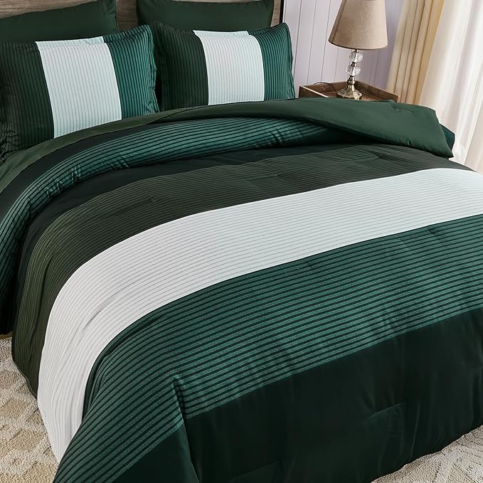 Anibedding Dark Green Comforter Set Queen, 7 Piece Green Striped Bed in a Bag, Soft Microfiber All Season Bedding Set with Comforter, Sheets, Pillowcases & Shams