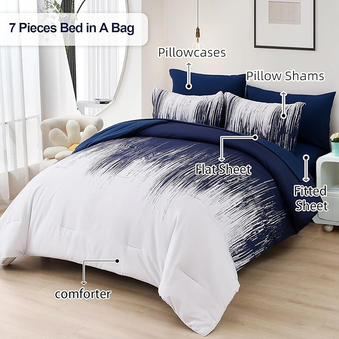 Dinjoy Ombre Blue Comforter Set Full Size Gradient Navy Blue White Boho Bedding Set for Teen Men Women 7 Pieces Bed in A Bag Bohemian Bed Set with Comforter, Sheets, Pillowcases & Shams