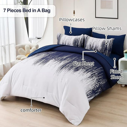Dinjoy Ombre Blue Comforter Set Queen Size Gradient Navy Blue White Boho Bedding Set for Teen Men Women 7 Pieces Bed in A Bag Bohemian Bed Set with Comforter, Sheets, Pillowcases & Shams