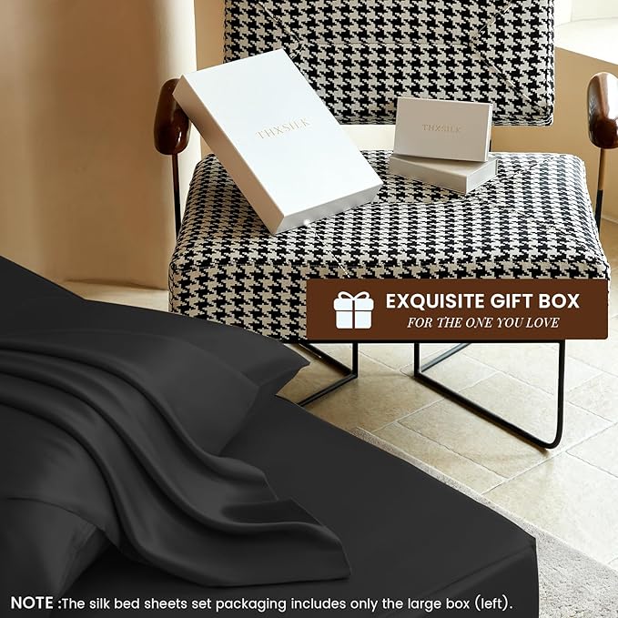 THXSILK Luxury Mulberry Silk Fitted Sheet Set 3 Pcs, King Silk Bed Sheet Set with 16" Deep Pockets, Soft & Cooling Sheets, 1 Fitted Sheet, 2 Pillowcases with Zipper Closure - Black