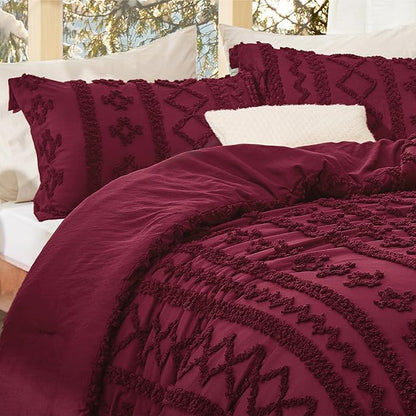 Bedsure Tufted Boho Comforter Set King Size - Burgundy Boho Bed Set, GentleSoft™ 3 Pieces Farmhouse Shabby Chic Embroidery Bedding, Gifts for Woman, Soft Jacquard King Comforter for All Seasons