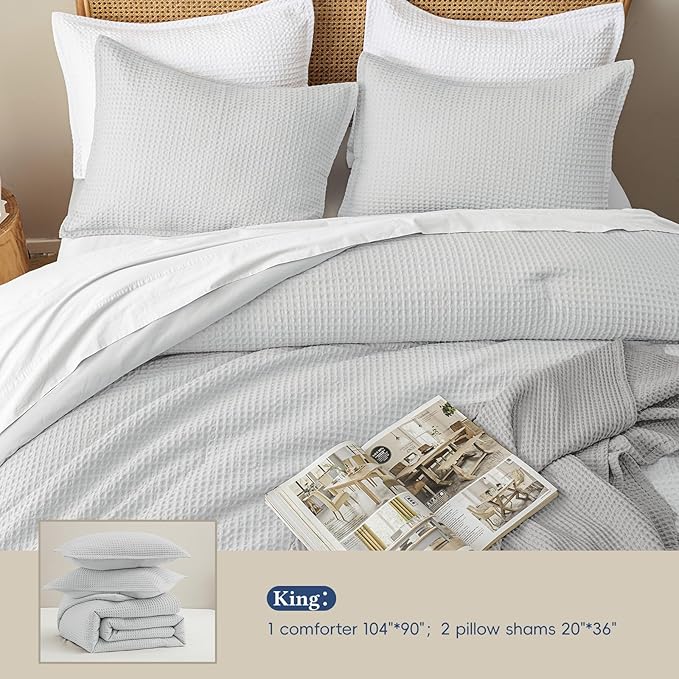 David's Home Waffle Weave Comforter Set 3PCS King Size, Soft Breathable Lightweight Cozy Skin-Friendly Warm for All Season, Elegant Aesthetic Home Decor Bedding Set with Pillow Shams, Light Grey