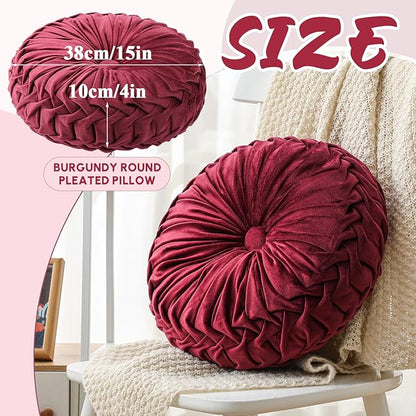 1 Pcs Round Throw Pillows Decorative Velvet Pleated Throw Pillows 15'' Diameter Accent Pumpkin Boho Chair Cushion for Couch Sofa Chair Bed Home Decoration (Wine Red)