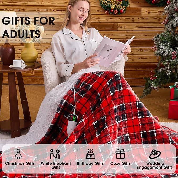 Heated Blanket Electric, Queen Size 84X90, Heating Blanket with 10 Heating Levels/8 Hours Auto Off/Dual Control for Bed, Red Checkered Sherpa Blankets Warmer for Adults, Christmas Blankets