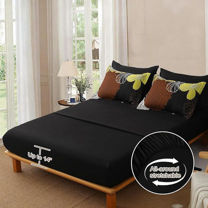 Yiran 7 Pieces Boho Floral Comforter Sets Black Brown Yellow Lightweight Comforter Bed in a Bag Flowers Microfiber Bedding Set for All Season,King Size 104''x90''