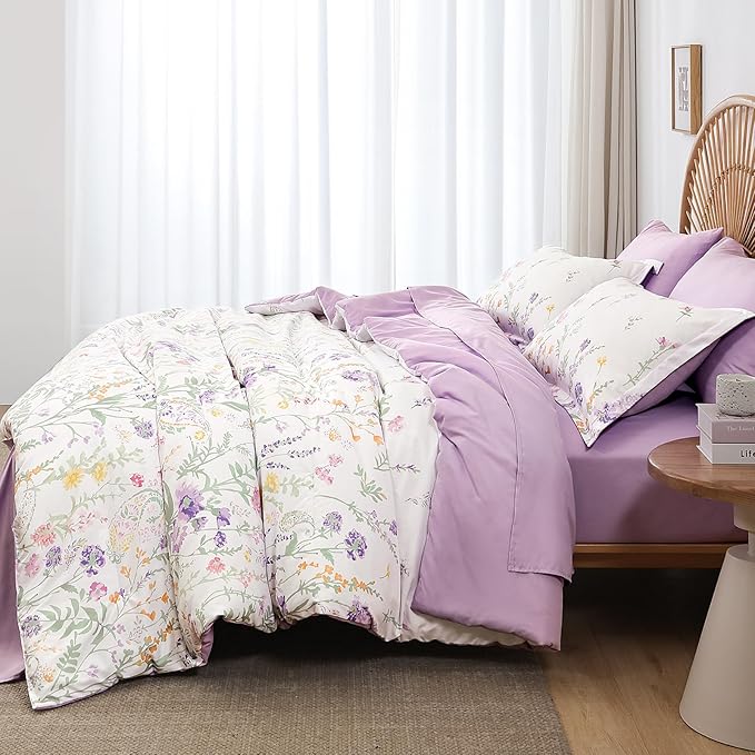 Yiran Floral Comforter Set King Size, Purple 7 Piece Cute Flower Comforters Bed in a Bag Lavender, Soft Microfiber Complete Aesthetic Botanical Bedding Set with Sheets for Women Girls