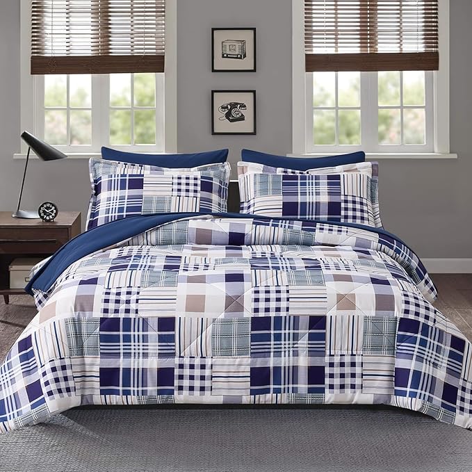 Comforter Set King Size Plaid Patchwork Comforter Bedding-7 Piece Bed in a Bag,Soft Fluffy Reversible Microfiber Bedding Set(1 Comforter,1 Flat Sheet,1 Fitted Sheet,2 Pillowcases,2 Pillow Shams),Navy