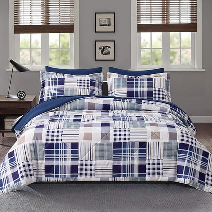 Comforter Set King Size Plaid Patchwork Comforter Bedding-7 Piece Bed in a Bag,Soft Fluffy Reversible Microfiber Bedding Set(1 Comforter,1 Flat Sheet,1 Fitted Sheet,2 Pillowcases,2 Pillow Shams),Navy