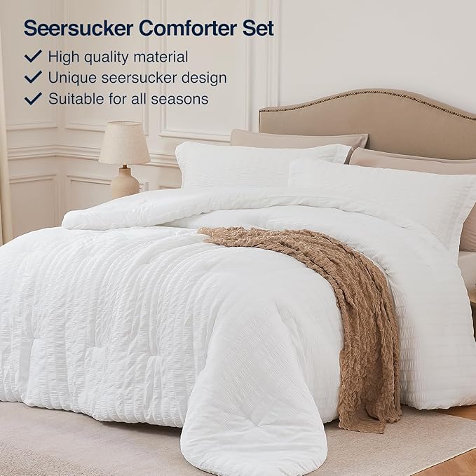 White Full Comforter Set - 3 Pieces Seersucker Lightweight Bedding Comforter Sets (1 Soft Fluffy Comforter & 2 Pillowcases) - All Seasons Cozy Modern Bed Sets for Women Men
