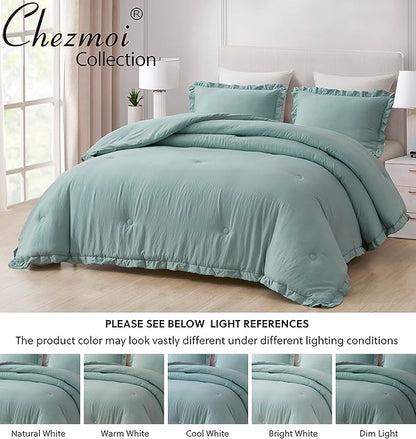 Chezmoi Collection Nora Aqua Comforter Set Full Size 3-Piece Fluffy Soft Lightweight Bedding Ruffled Edge Trim Stone-Washed Microfiber Comforter Set for All Season