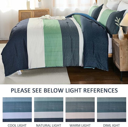 WONGS BEDDING Comforter Set Queen Size, 3 Pieces Blue Striped Patchwork Comforter for Queen Bed, Soft Microfiber Reversible Bedding Set for All Season (90"x90")