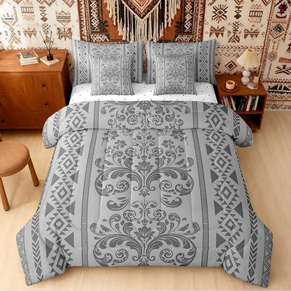 Comforter Set Full Size, Grey Damask Aztec 7 Pcs Bedding for Kids and Adults, Baroque Western Boho Gothic Floral Bed Sheet Sets with Fitted Sheet 2 Pillowcases & 2 Shams for Bedroom Bed Decor