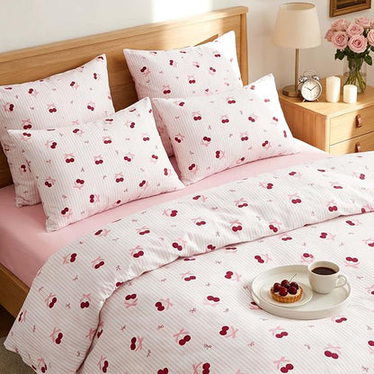 Nayoroom Pink Striped Bow Comforter Set Queen Size Red Cherry Comforter 3 Pieces Soft Lightweight Girls Cute Aesthetic Dorm Bedding Set for All Seasons