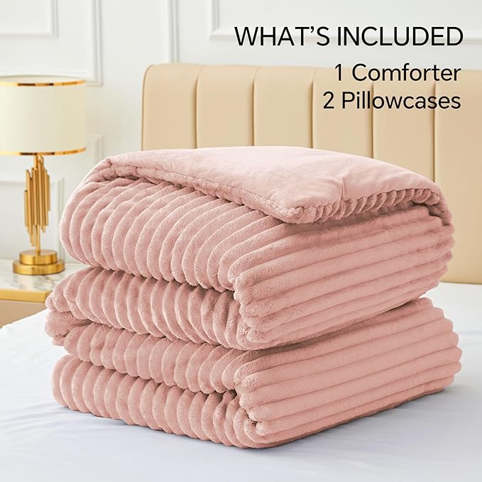 BEDELITE Fleece Oversized Queen Comforter Set -Super Soft & Warm Fluffy Dusty Pink Bedding, Luxury Fuzzy Heavy Bed Set for Winter with 2 Pillow Cases