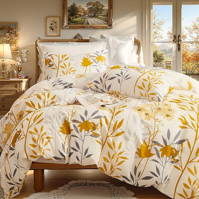 100% Cotton Comforter Set Queen Size – Yellow Floral Bedding Sets 3 Pieces Lightweight Cozy Botanical Bed Comforter, Soft Cottagecore Aesthetic All Season Bedding