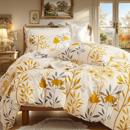 100% Cotton Comforter Set Queen Size – Yellow Floral Bedding Sets 3 Pieces Lightweight Cozy Botanical Bed Comforter, Soft Cottagecore Aesthetic All Season Bedding